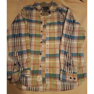 Vintage Woolrich Blue Green Plaid Flannel Button Front Shirt Cotton Size L